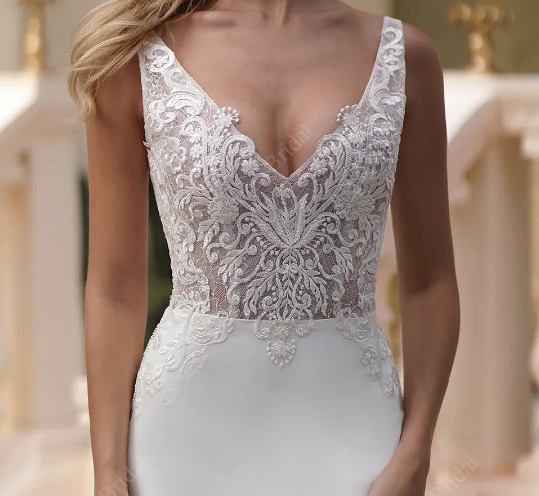 Elegant Beaded Lace Satin Mermaid Wedding Dress