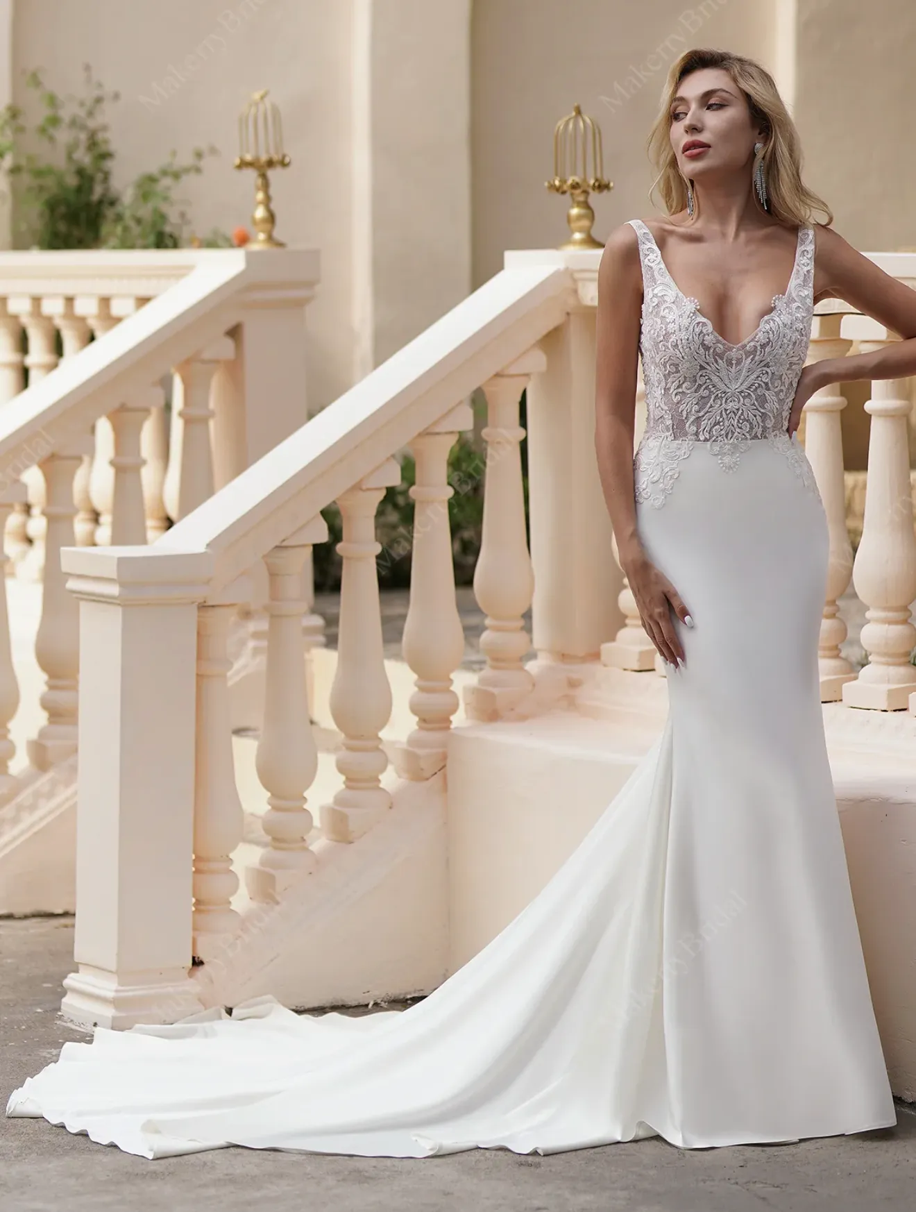 Elegant Beaded Lace Satin Mermaid Wedding Dress