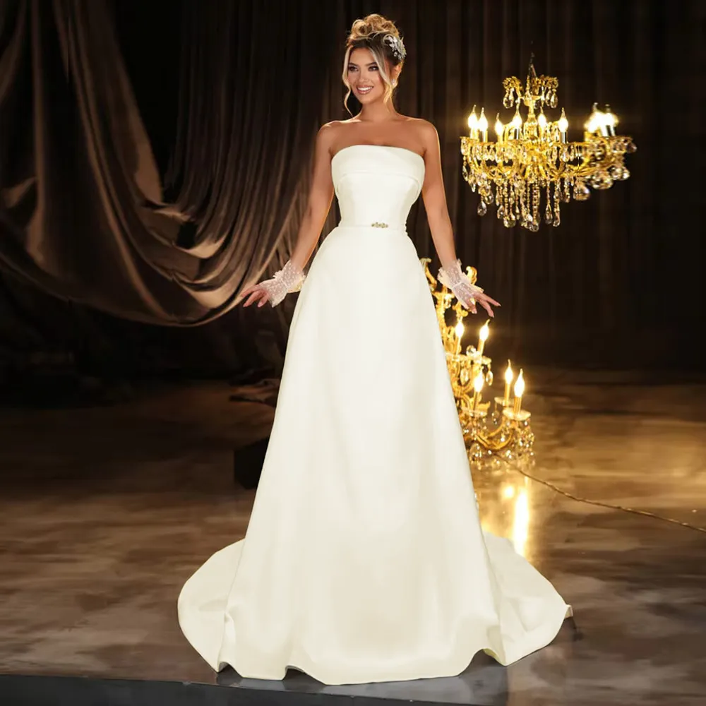 Elegant Boat Neck A-Line Wedding Dress with Crystal Belt and Corset Back