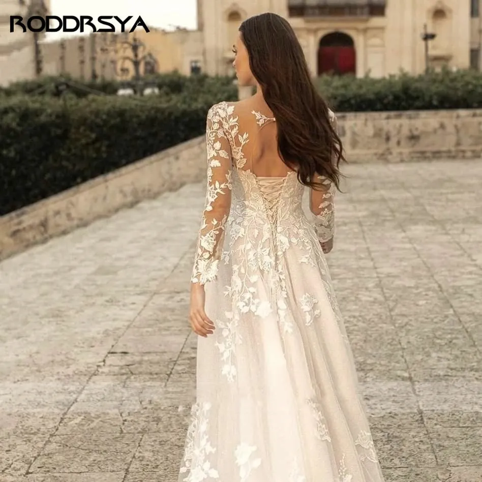 Elegant O-Neck Wedding Lace  A-Line Boho Long Sleeves Wedding Bride Gowns Dress