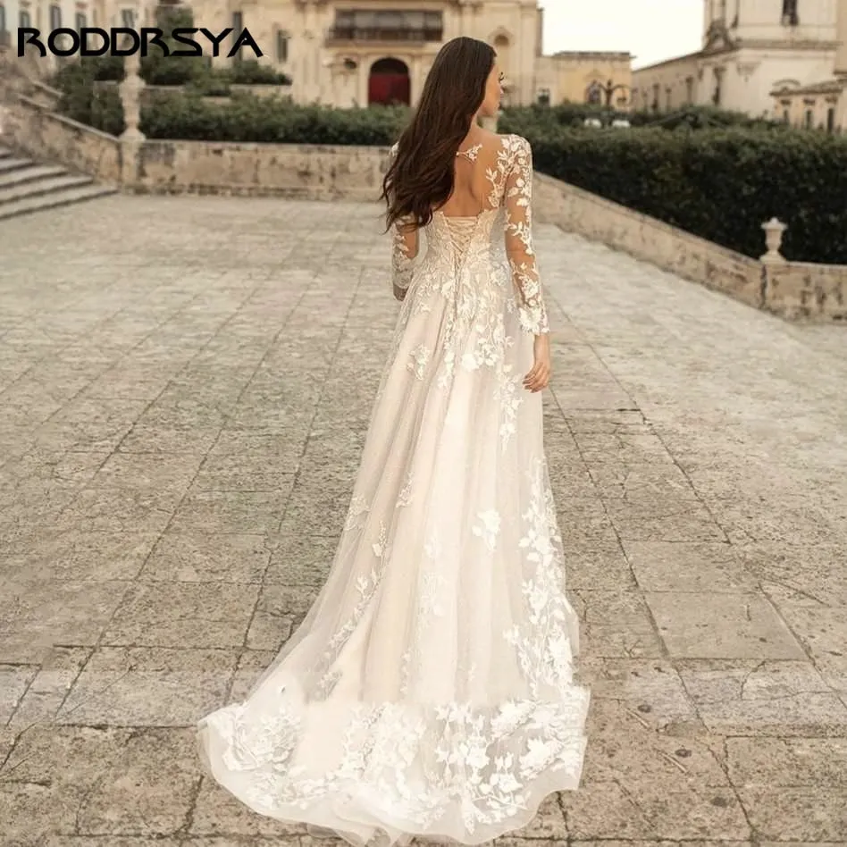 Elegant O-Neck Wedding Lace  A-Line Boho Long Sleeves Wedding Bride Gowns Dress