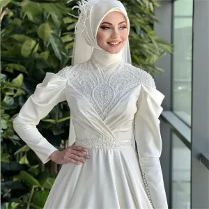 Elegant Satin Muslim Wedding Dress 2024 Delicate Appliques Lace Bridal Gown  Classic High Neck Long Sleeve Wedding Dresses