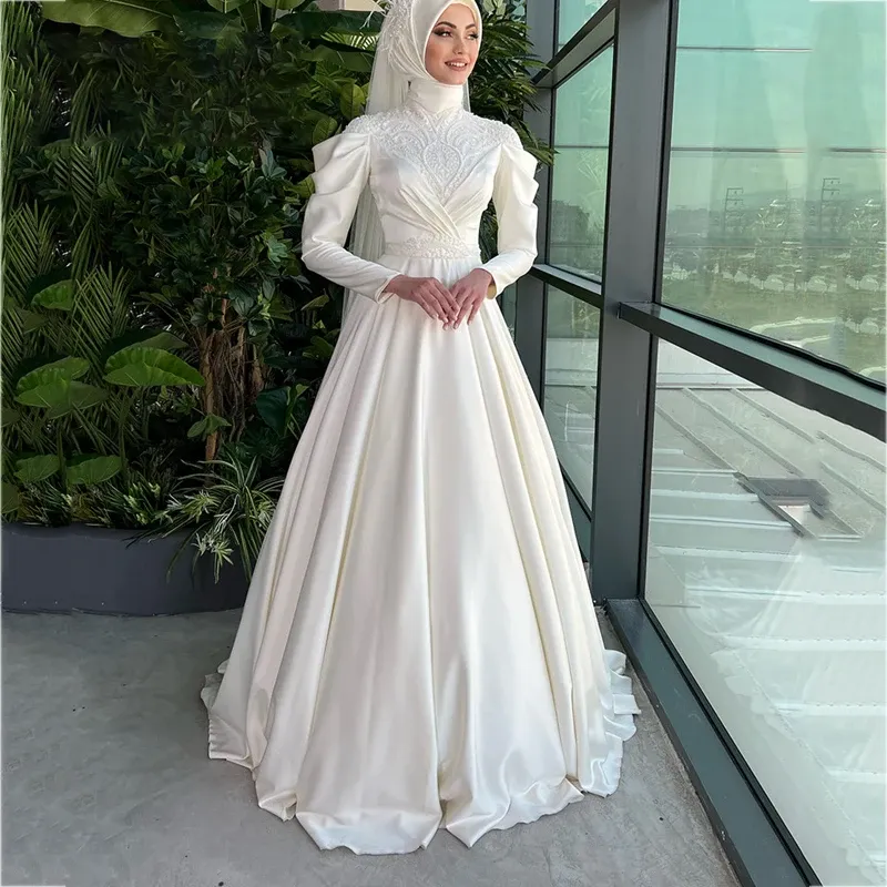 Elegant Satin Muslim Wedding Dress 2024 Delicate Appliques Lace Bridal Gown  Classic High Neck Long Sleeve Wedding Dresses