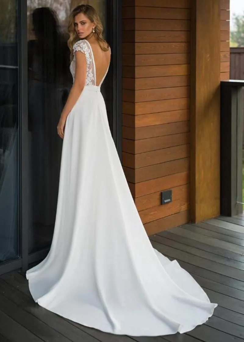 Elegant Satin V-neck A-line Boho Bridal Gowns Backless Plus size Wedding Dress