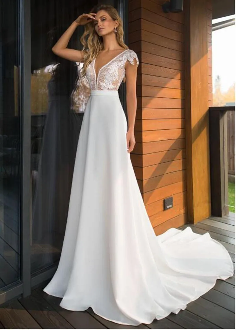 Elegant Satin V-neck A-line Boho Bridal Gowns Backless Plus size Wedding Dress