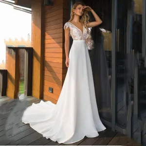 Elegant Satin V-neck A-line Boho Bridal Gowns Backless Plus size Wedding Dress