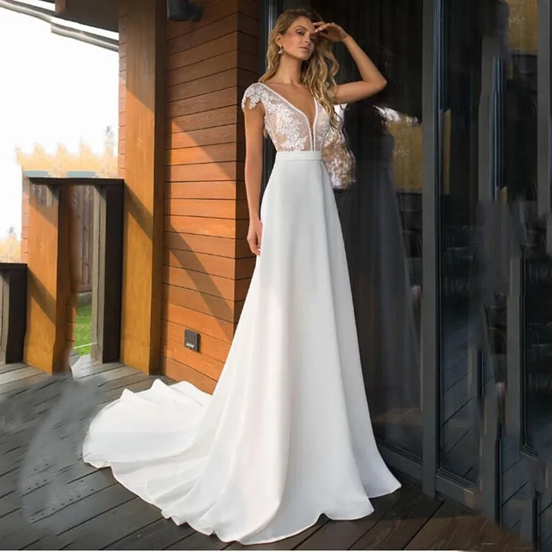 Elegant Satin V-neck A-line Boho Bridal Gowns Backless Plus size Wedding Dress