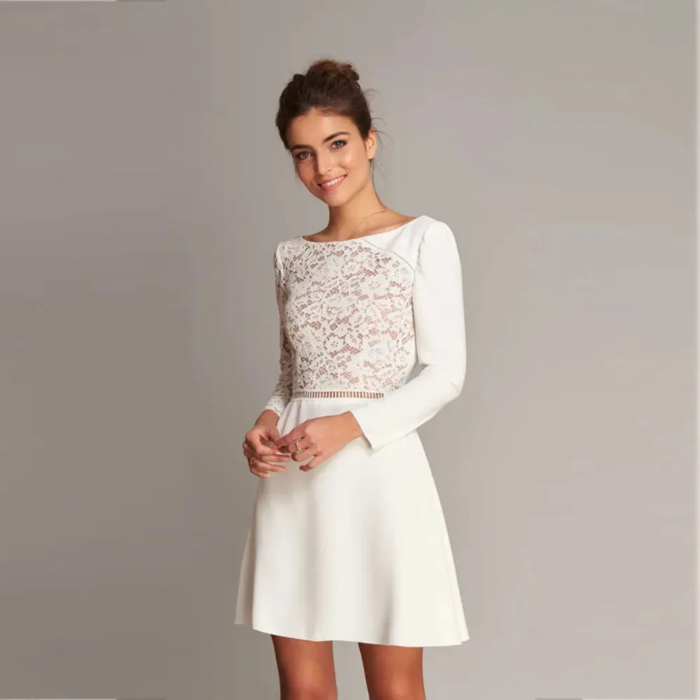 Elegant Short Wedding Dress Scoop Neck Long Sleeve Lace And Satin Bridal Gown