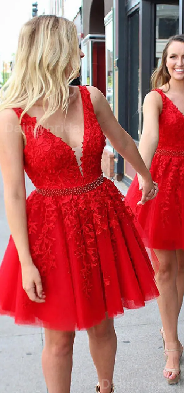 Elegant V-neck A-line Tulle Short Red Homecoming Dresses Online, HD0686