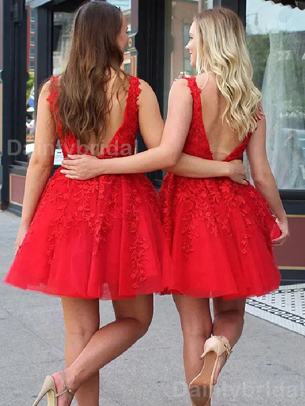 Elegant V-neck A-line Tulle Short Red Homecoming Dresses Online, HD0686