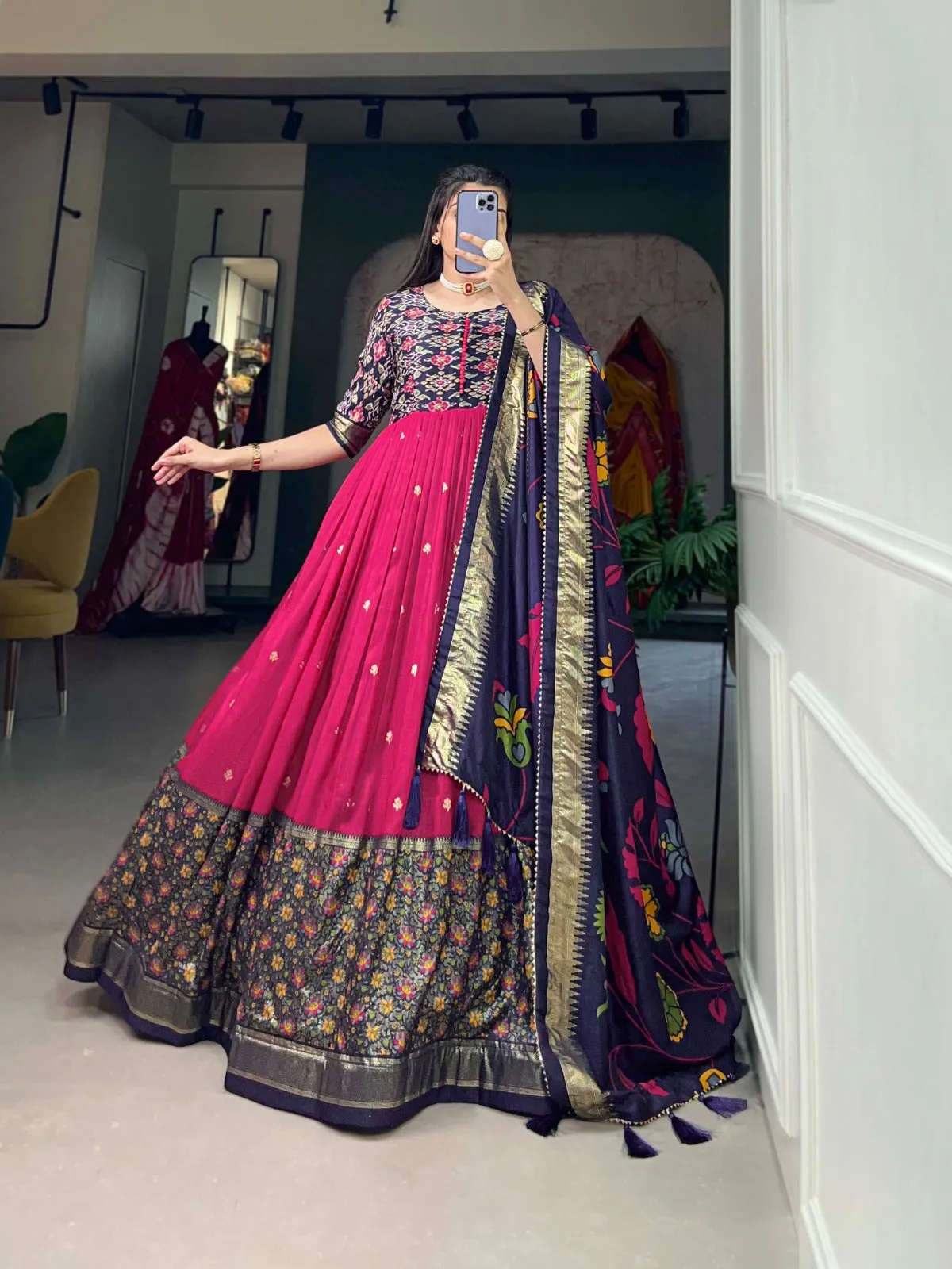 Exquisite Pink Ready to Wear Tussar Silk Foil Print Gown with Dupatta