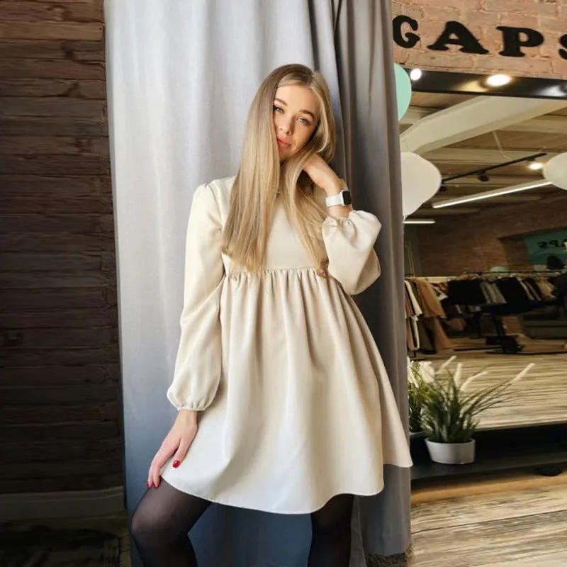 Fashionable and Loose High Waisted Lantern Sleeve Casual Mini Dresses