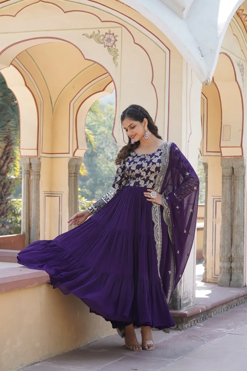 Faux Blooming Purple Embroidered Gown with Viscose Jacquard & Dupatta