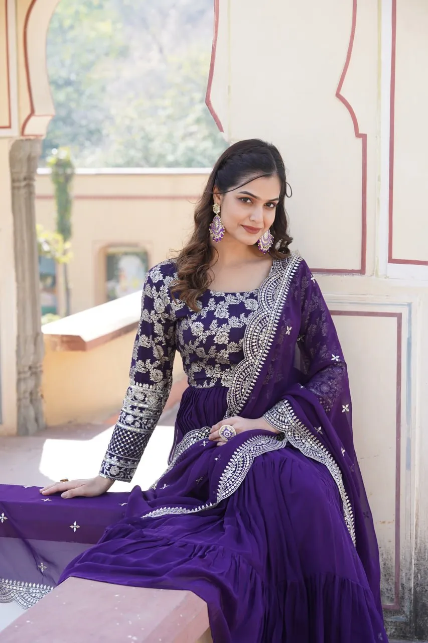 Faux Blooming Purple Embroidered Gown with Viscose Jacquard & Dupatta