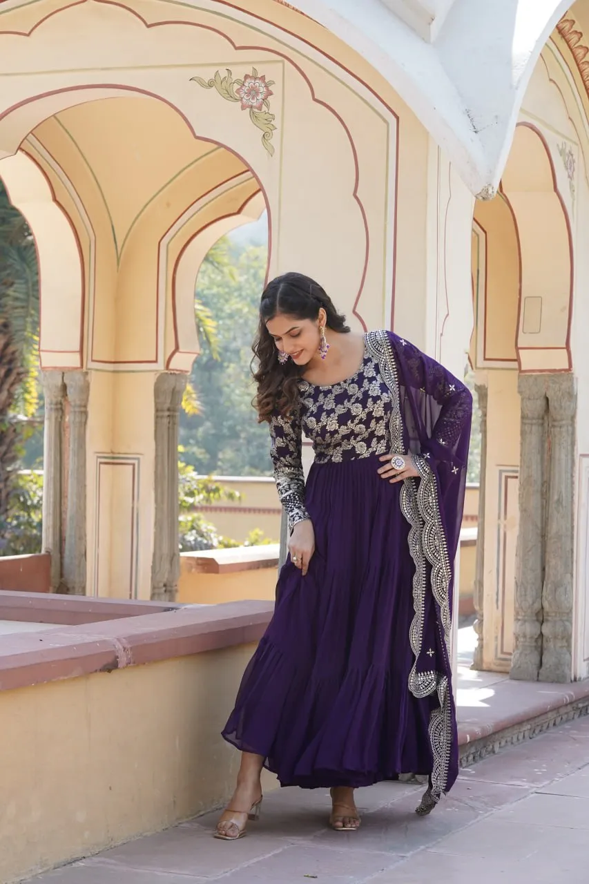 Faux Blooming Purple Embroidered Gown with Viscose Jacquard & Dupatta