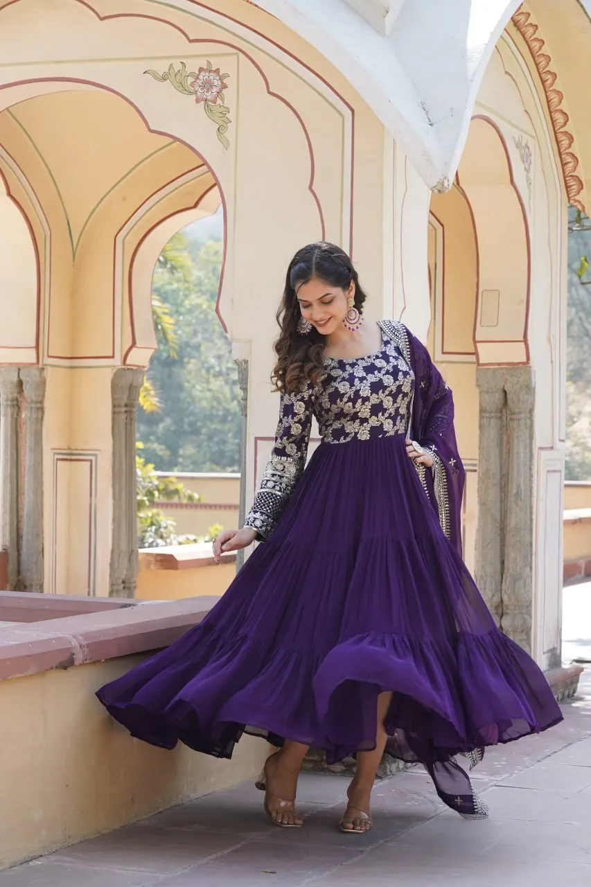 Faux Blooming Purple Embroidered Gown with Viscose Jacquard & Dupatta