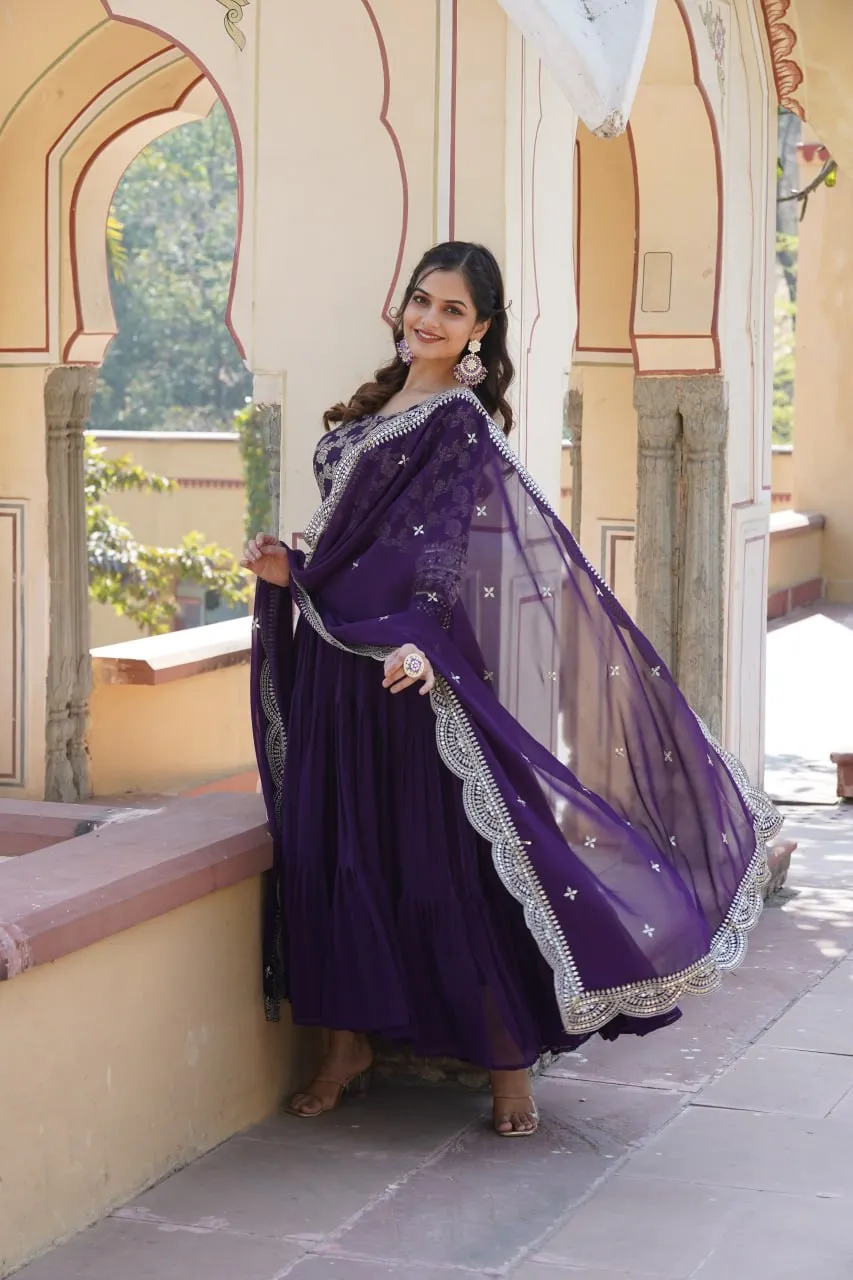 Faux Blooming Purple Embroidered Gown with Viscose Jacquard & Dupatta