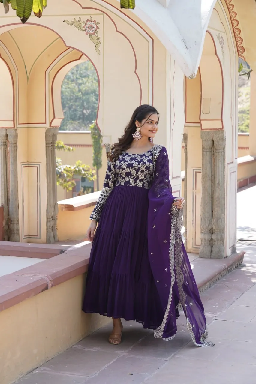 Faux Blooming Purple Embroidered Gown with Viscose Jacquard & Dupatta