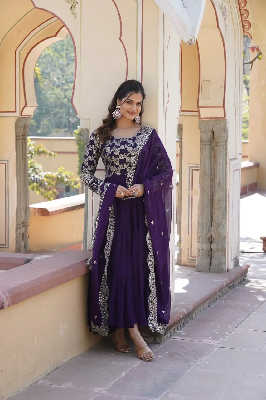 Faux Blooming Purple Embroidered Gown with Viscose Jacquard & Dupatta