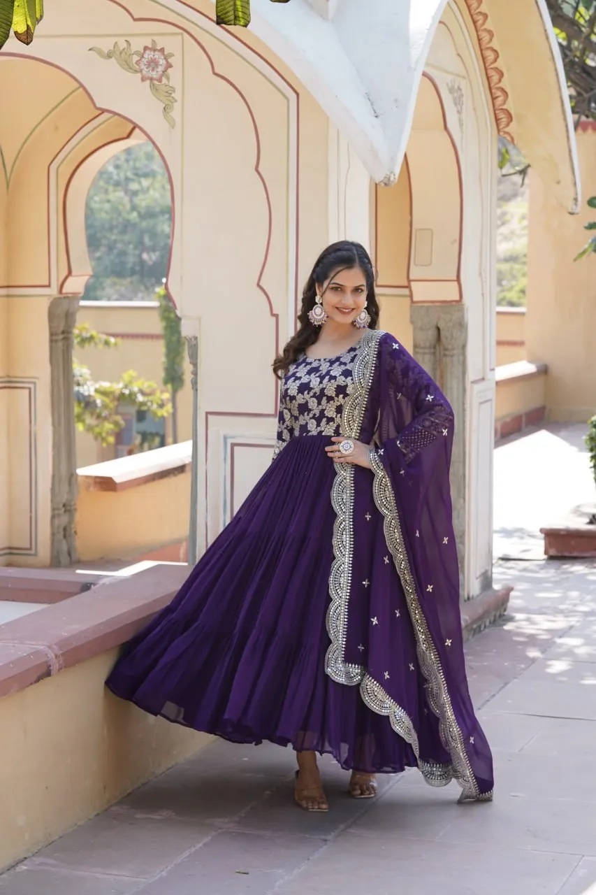 Faux Blooming Purple Embroidered Gown with Viscose Jacquard & Dupatta