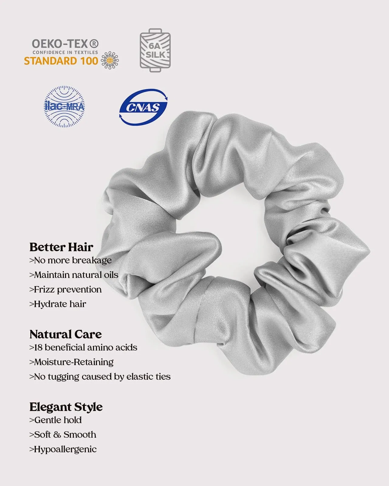 FEELITS 100% Royal Mulberry Silk. Natural Care Hair Scrunchies- Silver Grey