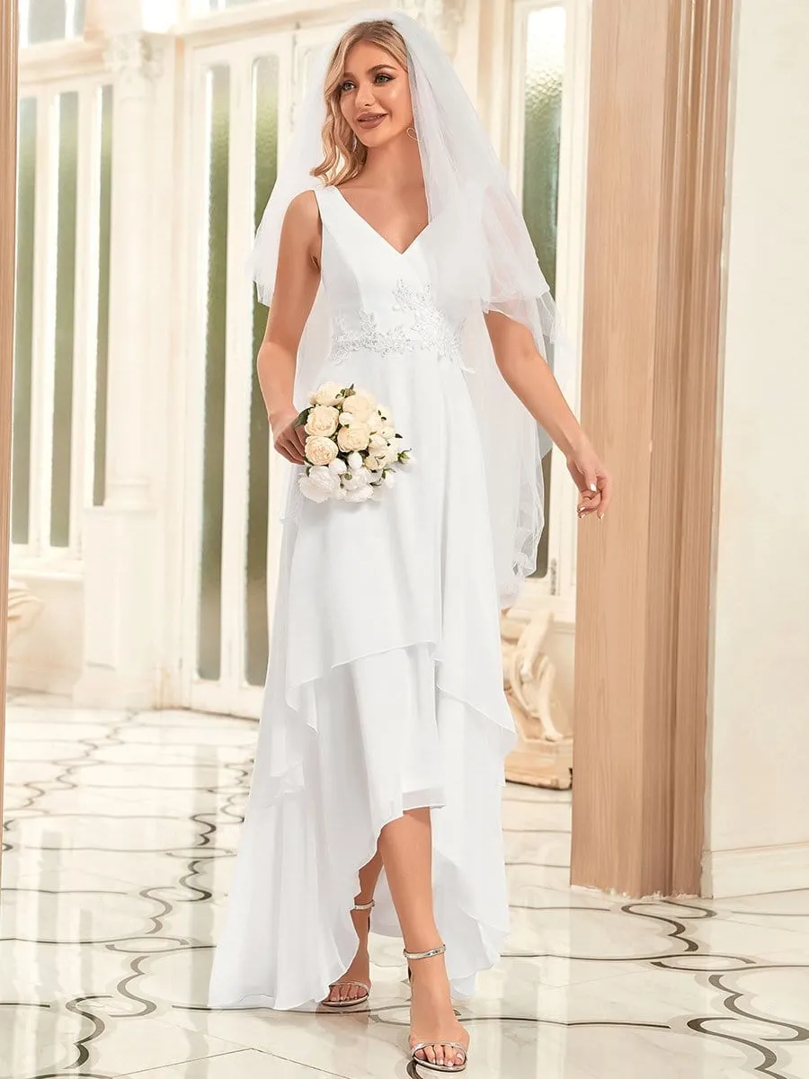 Floral Applique V-Neck High Low Wedding Dress