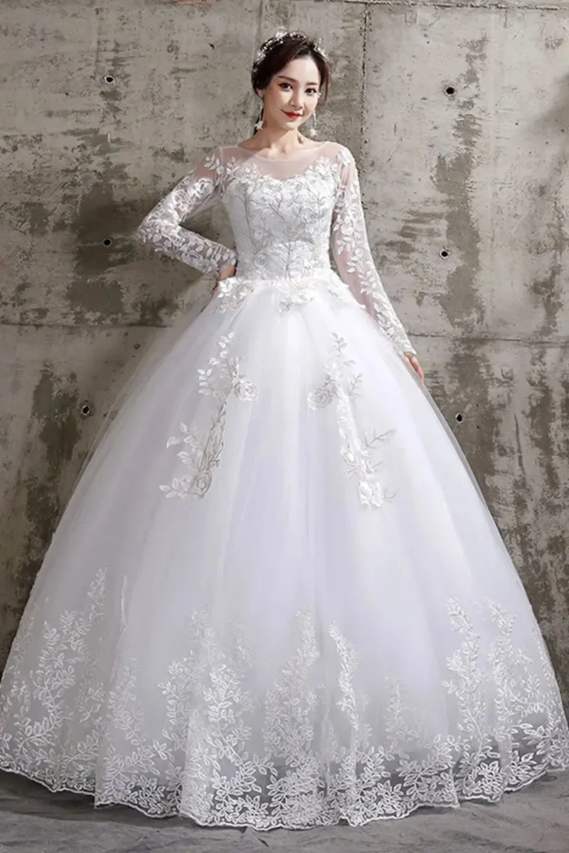 Flower Wedding Dress New Style Bride Plus Size Flower Wedding Dresses Dreamy Full-sleeve Bridal Lace Up Dresses Ball Gowns