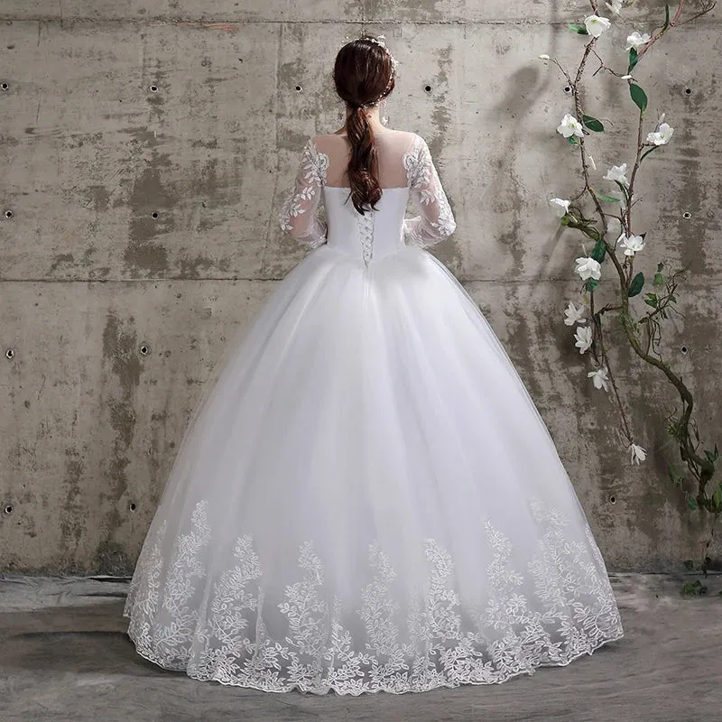 Flower Wedding Dress New Style Bride Plus Size Flower Wedding Dresses Dreamy Full-sleeve Bridal Lace Up Dresses Ball Gowns