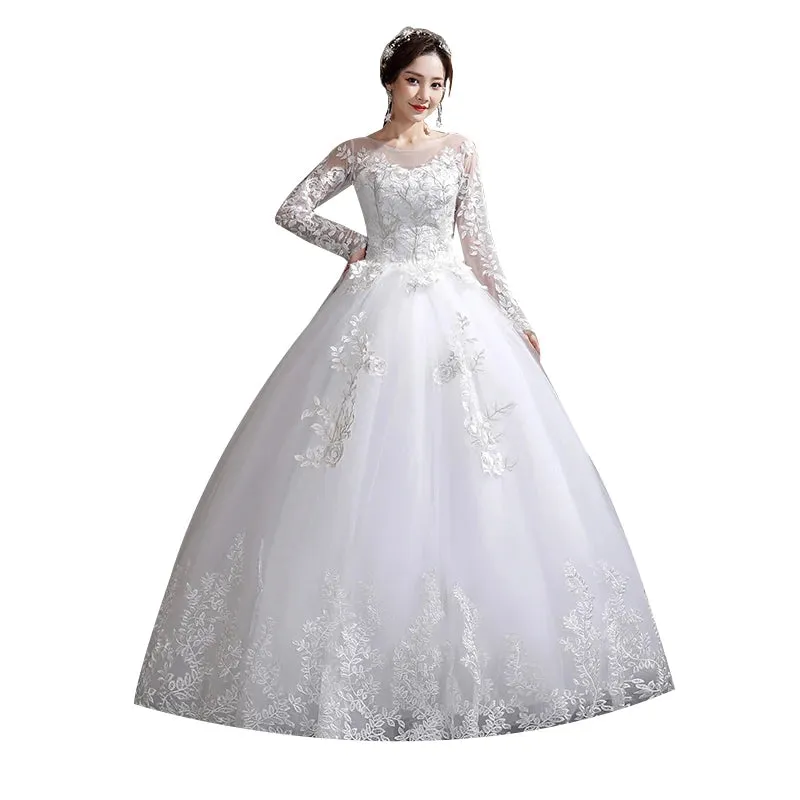 Flower Wedding Dress New Style Bride Plus Size Flower Wedding Dresses Dreamy Full-sleeve Bridal Lace Up Dresses Ball Gowns