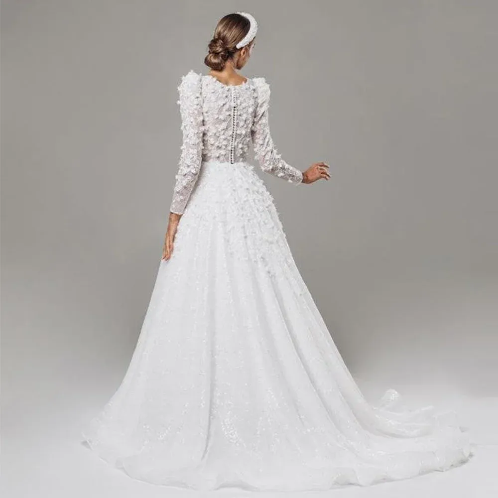 Flowers Draped Pleat Full Paillette A-line Wedding Dress Long Sleeve Bridal Gown