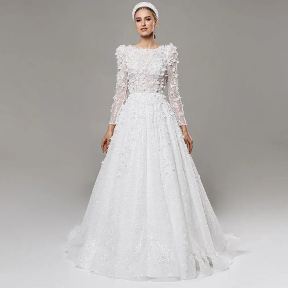 Flowers Draped Pleat Full Paillette A-line Wedding Dress Long Sleeve Bridal Gown