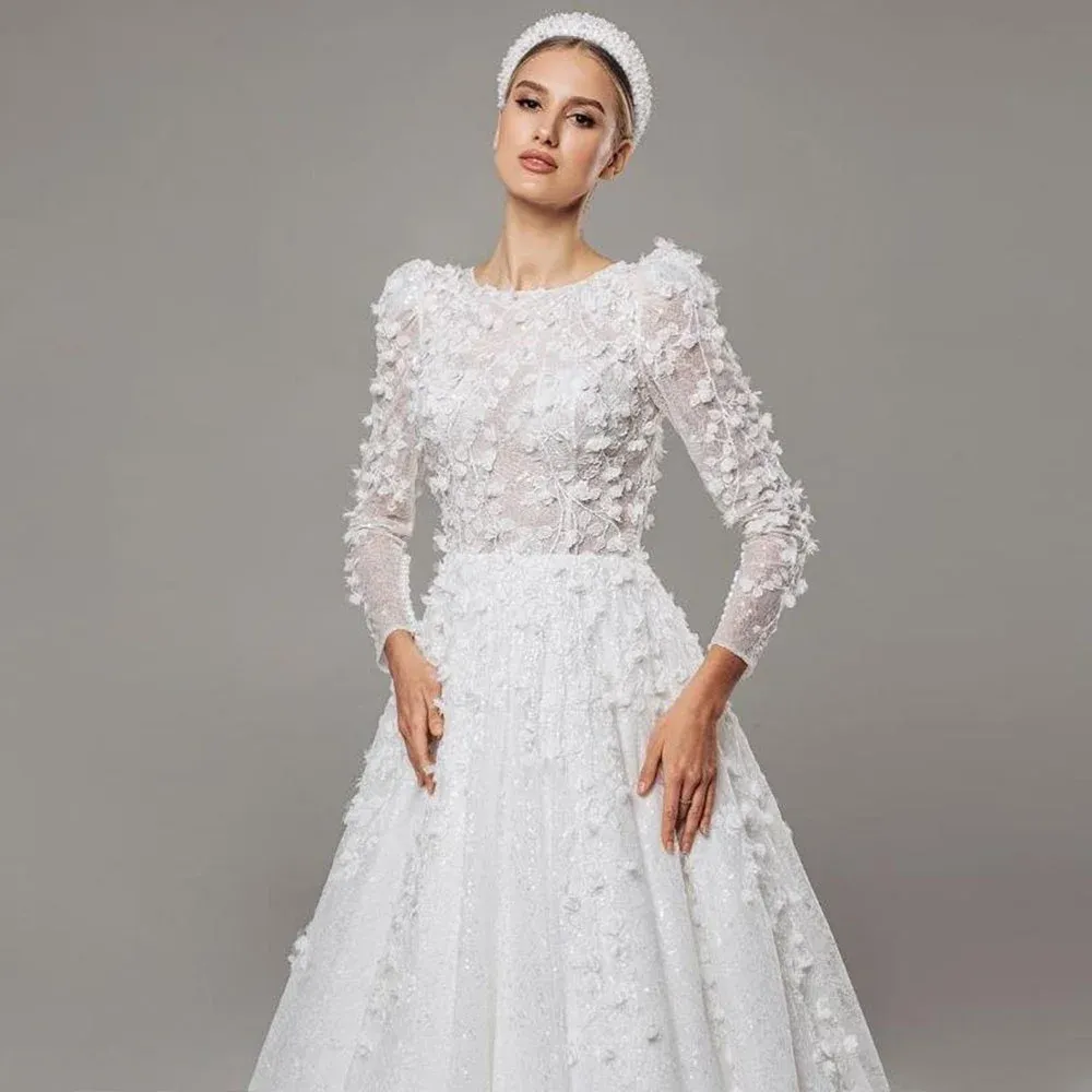 Flowers Draped Pleat Full Paillette A-line Wedding Dress Long Sleeve Bridal Gown