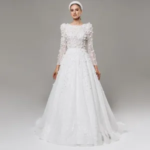 Flowers Draped Pleat Full Paillette A-line Wedding Dress Long Sleeve Bridal Gown