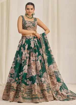 Forest Green Floral Printed Embroidery Lehenga Choli