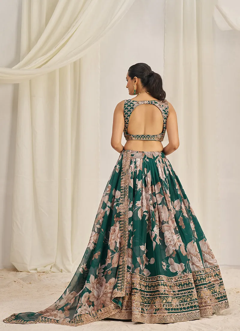 Forest Green Floral Printed Embroidery Lehenga Choli