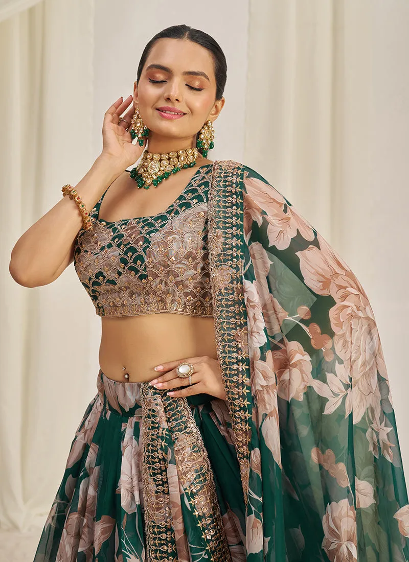 Forest Green Floral Printed Embroidery Lehenga Choli