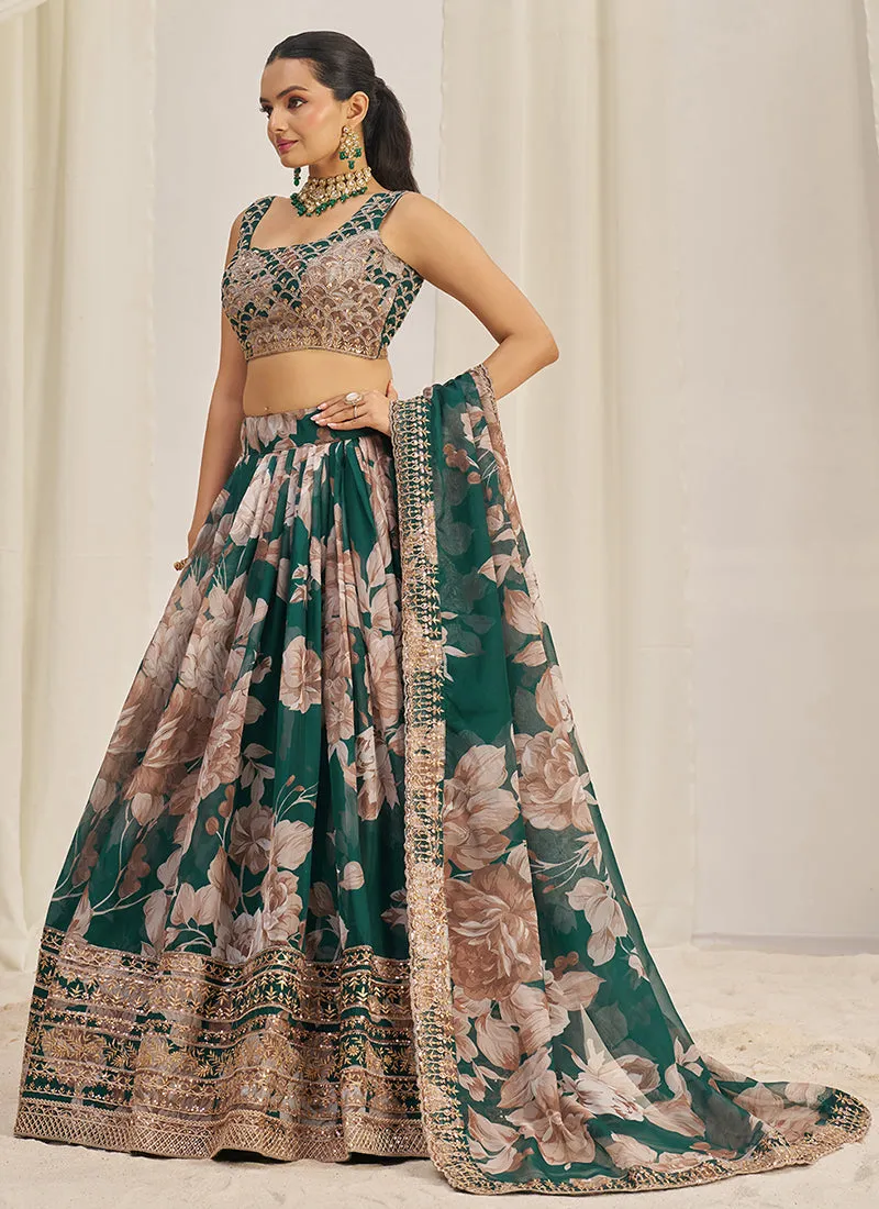 Forest Green Floral Printed Embroidery Lehenga Choli