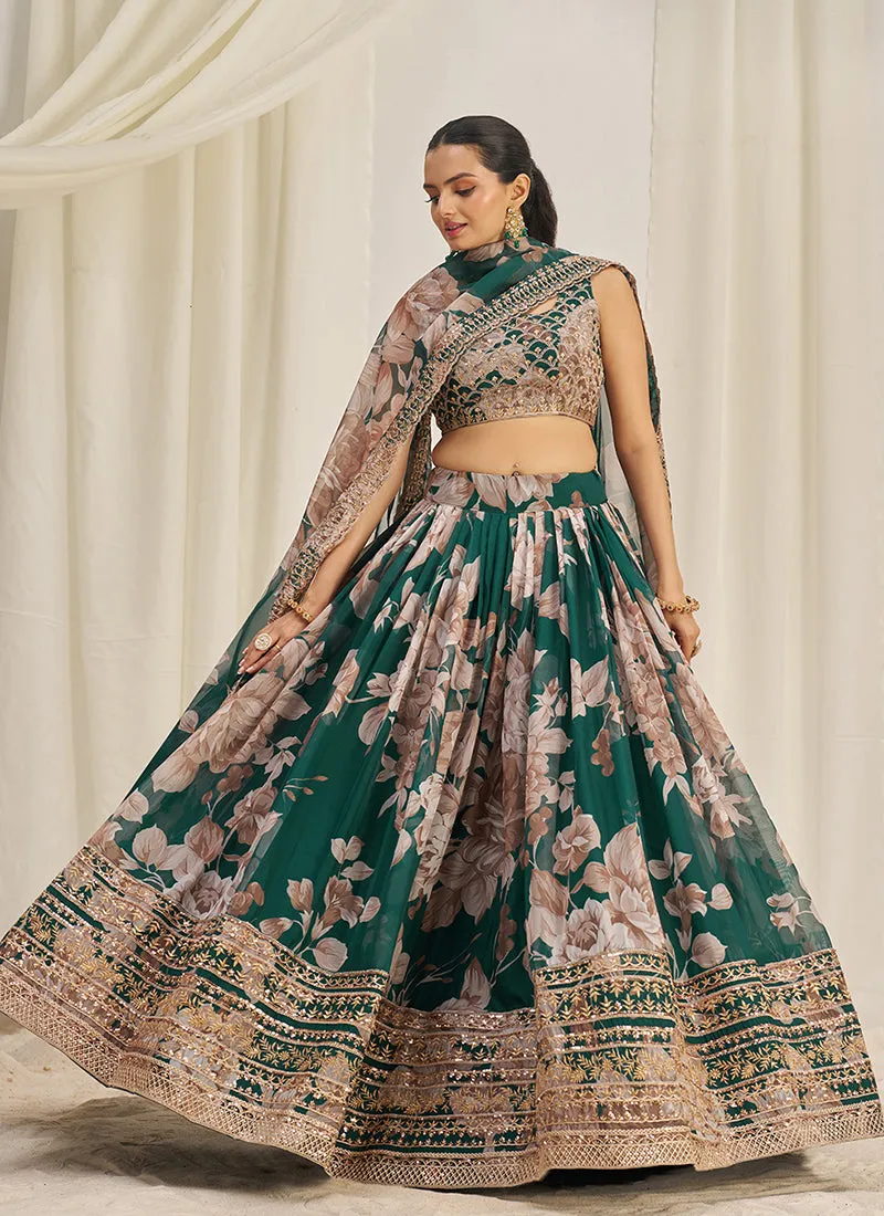 Forest Green Floral Printed Embroidery Lehenga Choli