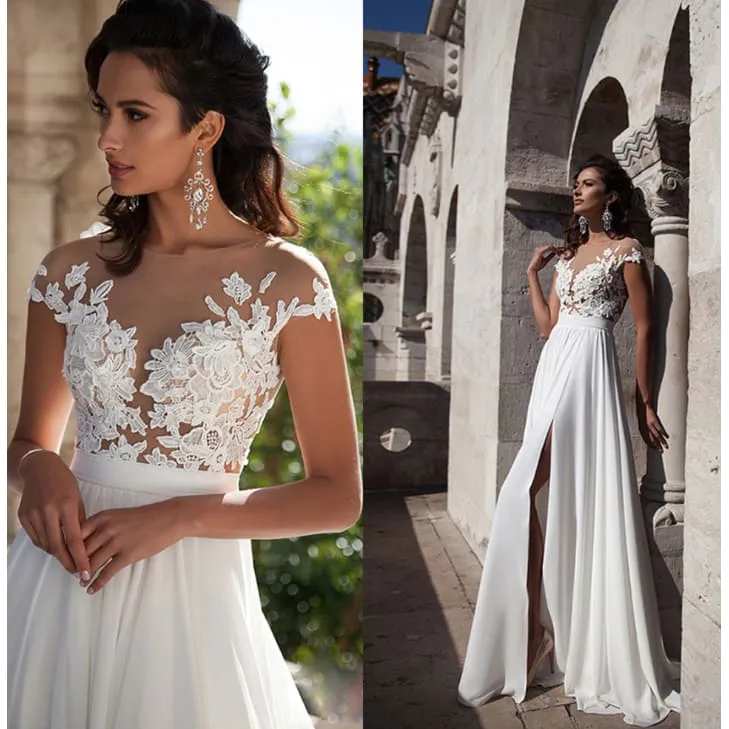 Front Split Hem Embroidery Lace Bodice Wedding Dress