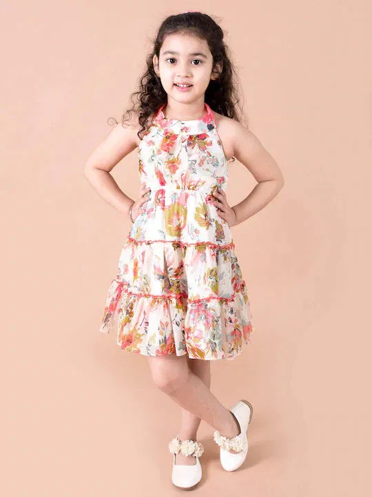 Girls Off White Red Floral Printed Chiffon Dress - Ps Peaches USA