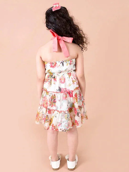 Girls Off White Red Floral Printed Chiffon Dress - Ps Peaches USA