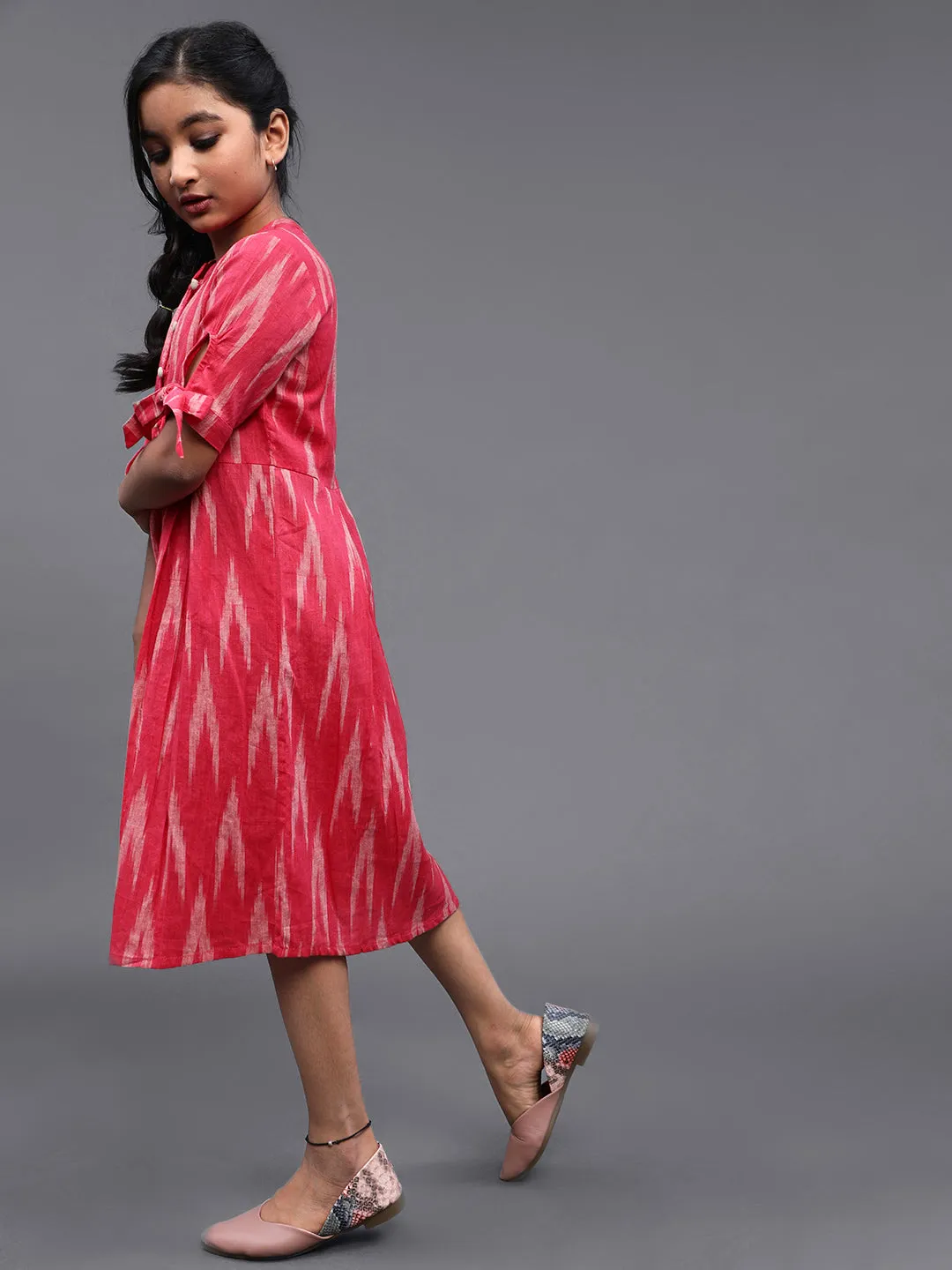 Girl's Pink & White Ikat Woven Design Short Dress - Aks Girls