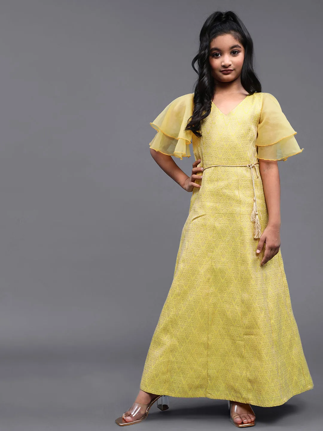 Girl's Yellow Jacquard Design Maxi Dress With Organza Flare Sleeve - Aks Girls