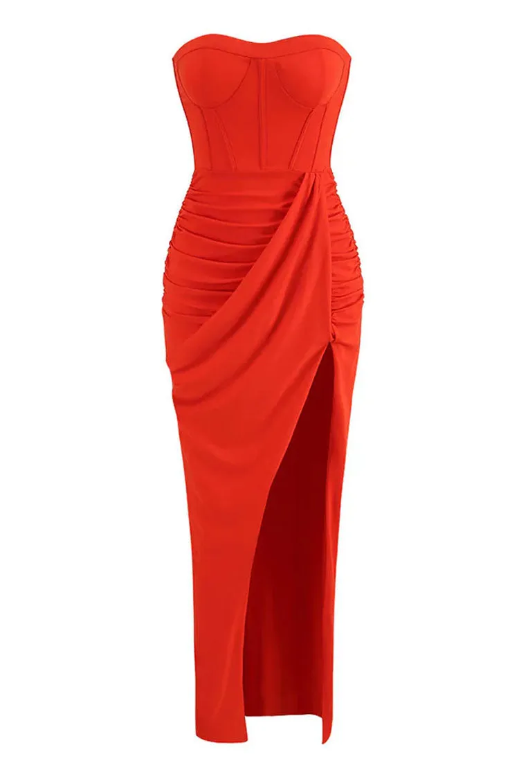 Glamorous Strapless Bustier Corset Draped Ruched Split Evening Maxi Dress