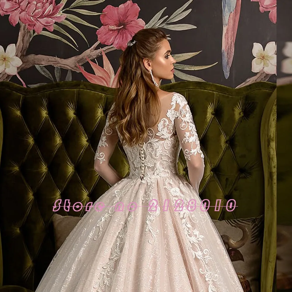 Gorgeous Shiny Ball Gown Long Sleeve Chapel Train Wedding Dress