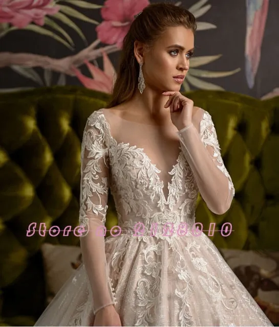 Gorgeous Shiny Ball Gown Long Sleeve Chapel Train Wedding Dress