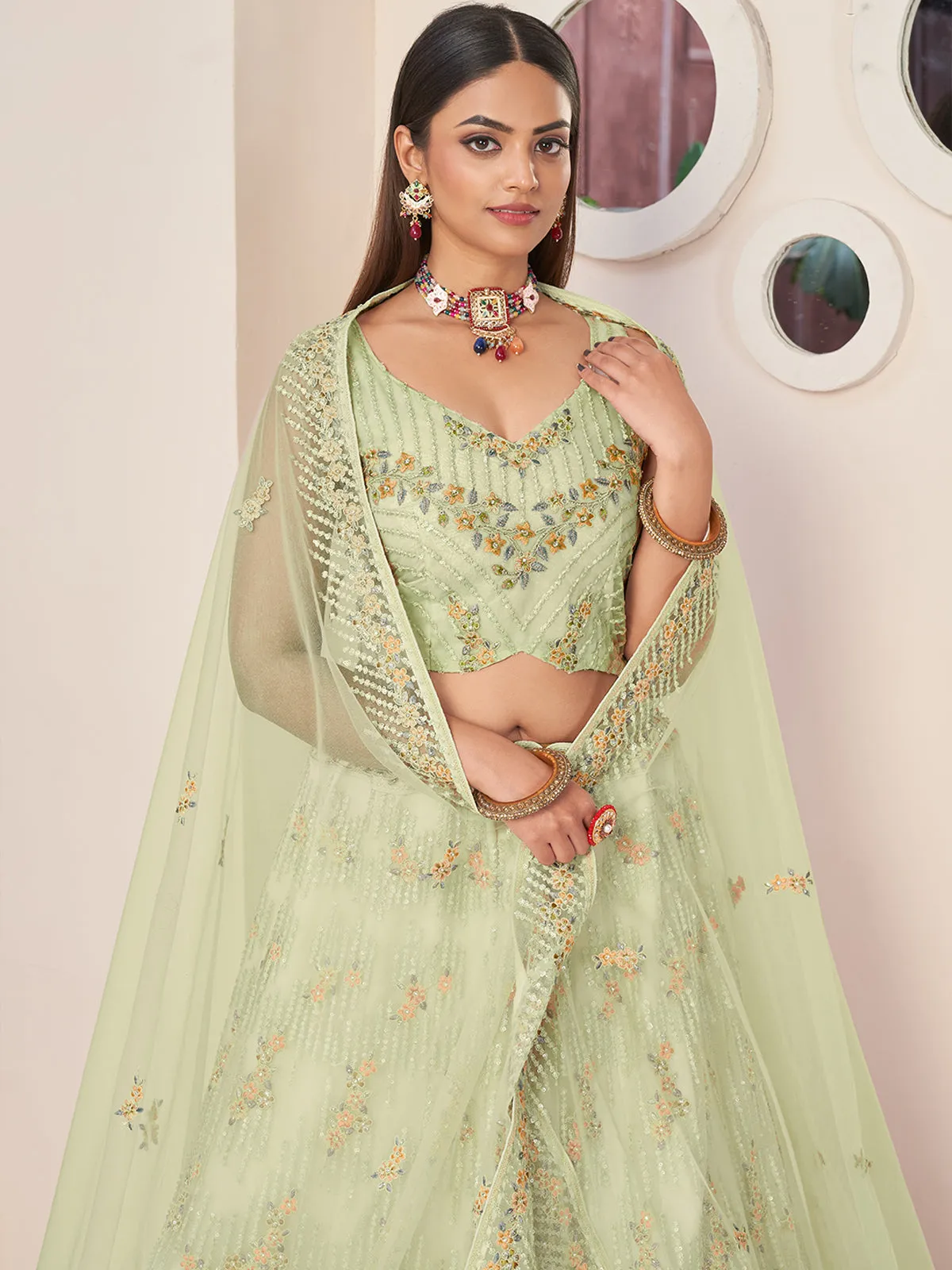 Green Net Embroidered Semi stitched Lehenga With Unstitched blouse