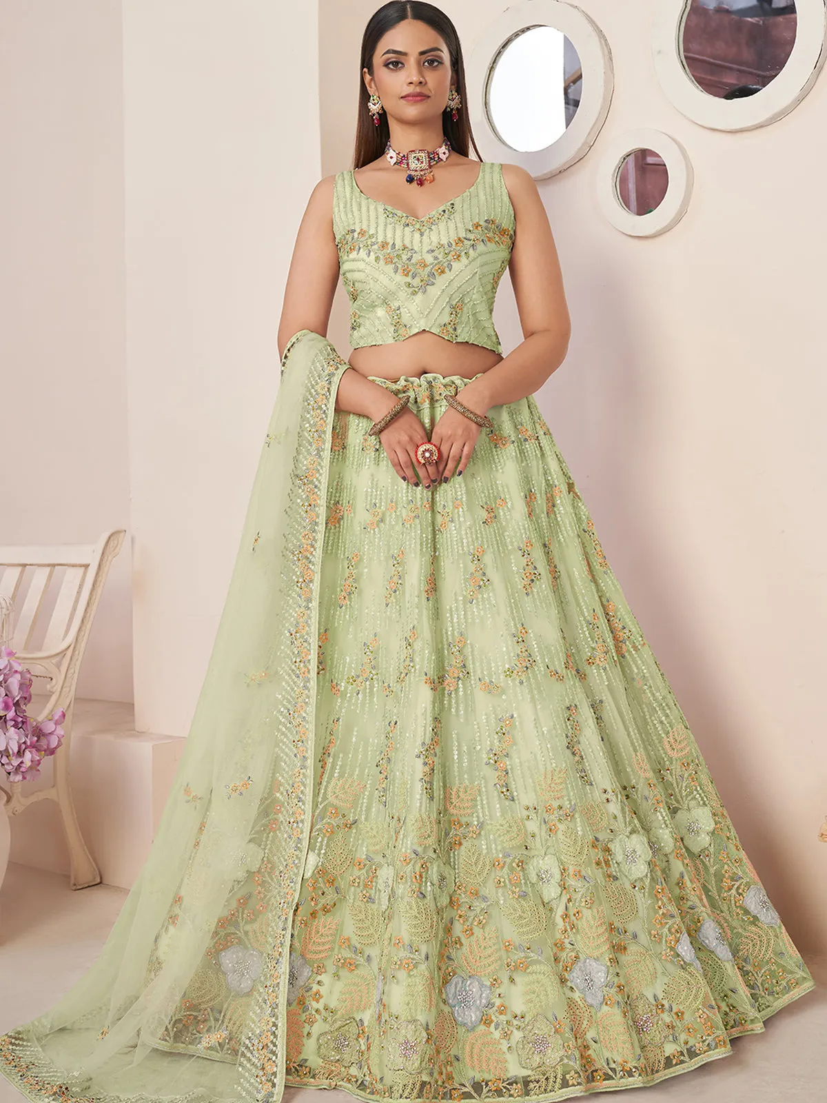 Green Net Embroidered Semi stitched Lehenga With Unstitched blouse