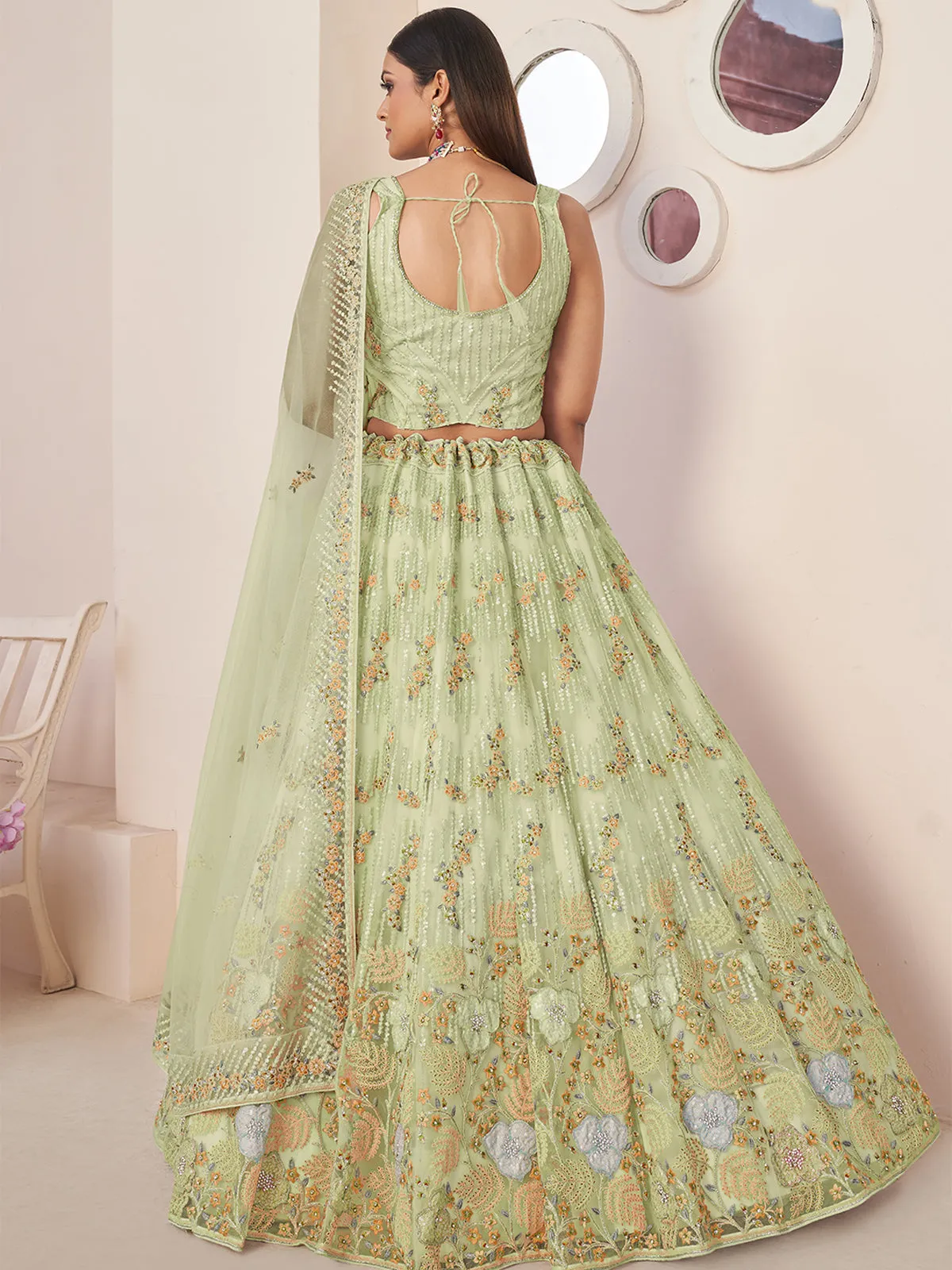 Green Net Embroidered Semi stitched Lehenga With Unstitched blouse