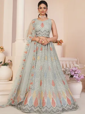 Grey Net Embroidered Semi stitched Lehenga With Unstitched blouse